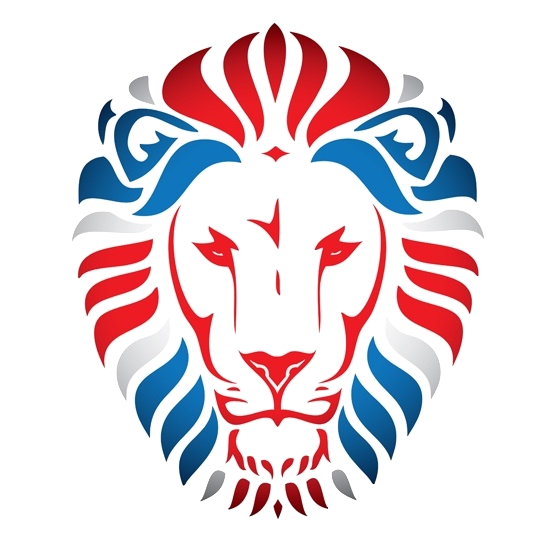 Logo de león en azul y rojo